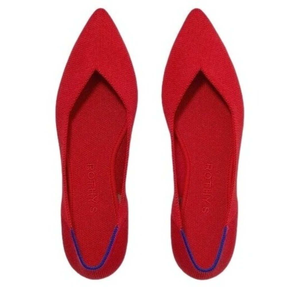 Rothy's Women's Size 8/9 The Point Bright Red Pointed Toe Ballet Flats Blue Trim